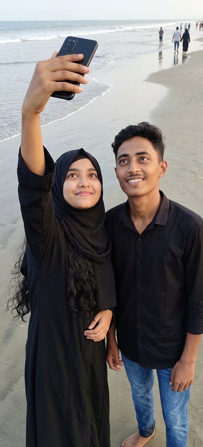 AI prompt for taking a selfie with a girlfriend at the beach in Cox's Bazar, Bangladesh.