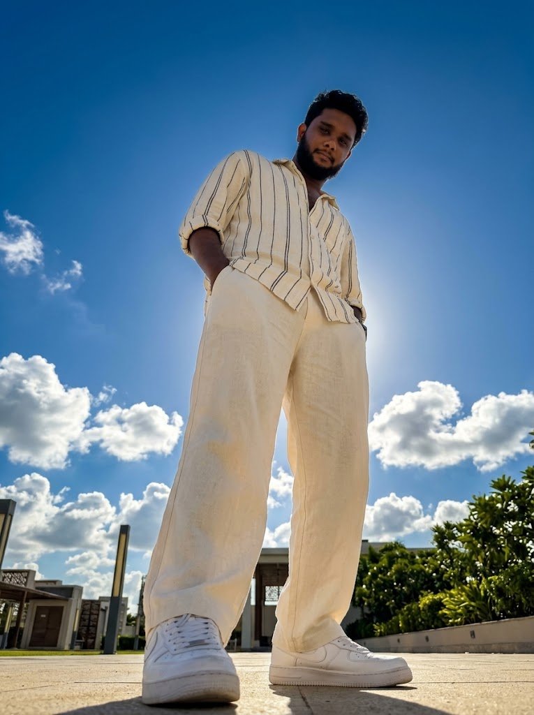 AI prompt for a fashion portrait shot from a low angle against a blue sky