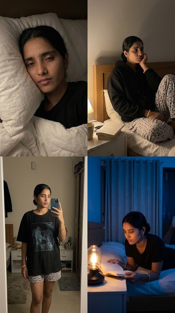 4-Scene Late-Night Bedroom Portrait Prompt for Women | Same Face & Identity