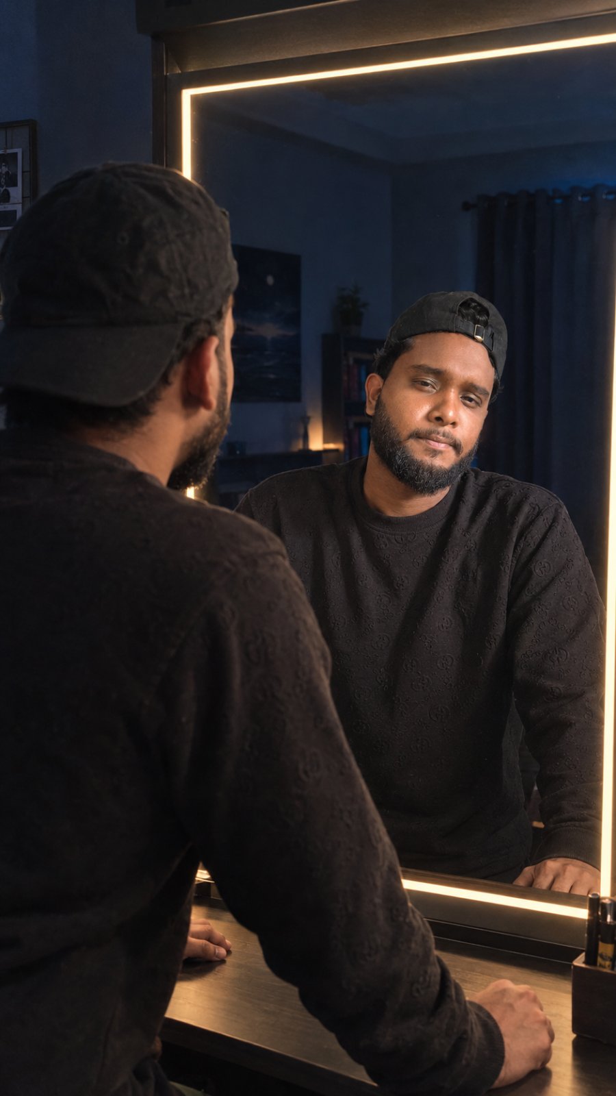 AI prompt for creating a photo in front of a room mirror using a camera.