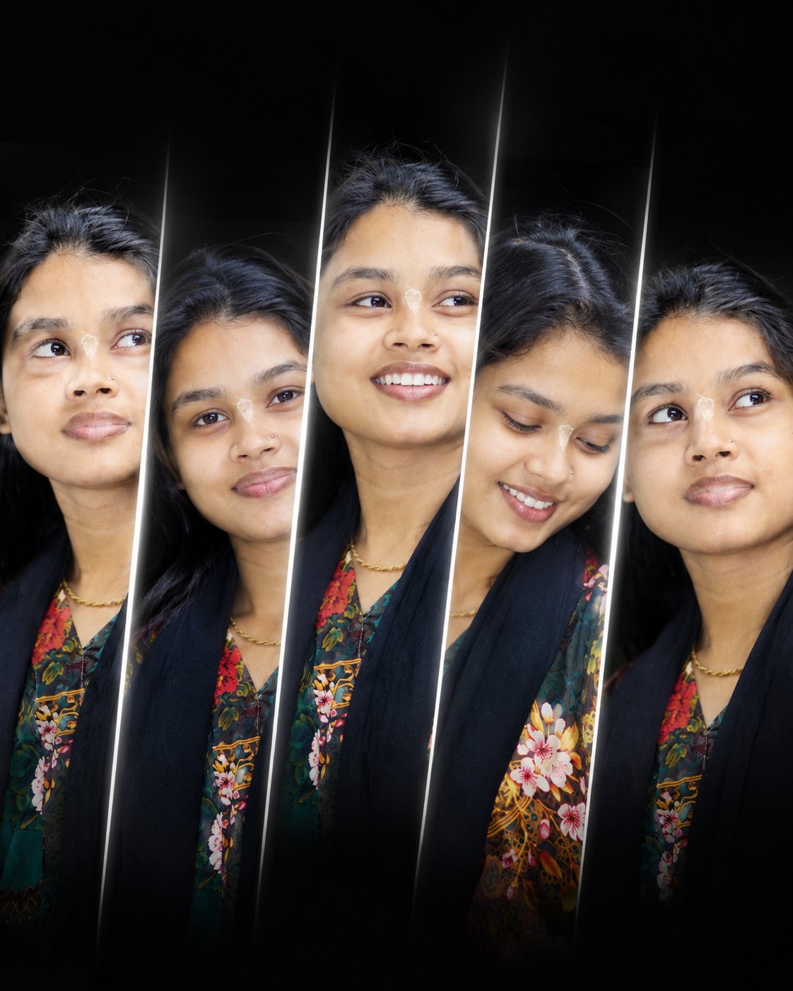 An AI Prompt to Create a Cinematic Portrait with Vertical Face Slices, Based on a Reference Photo
