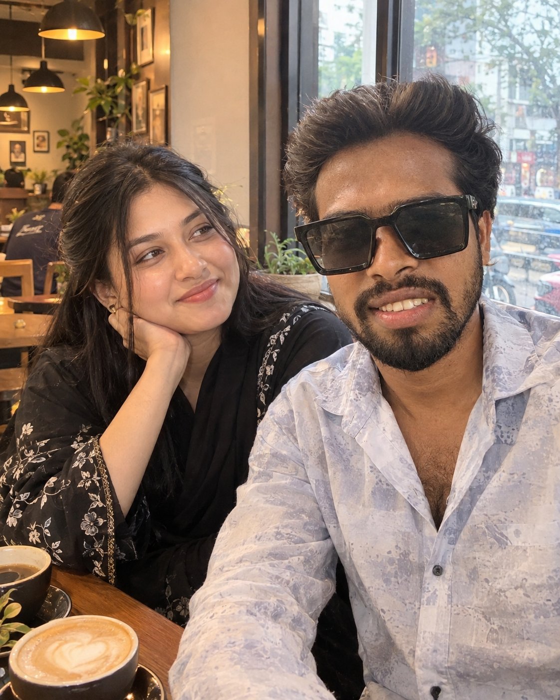 Upload One Photo and Create a Realistic Couple Date at a Café ai prompt