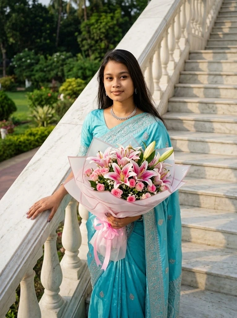 Gemini Turquoise Saree Portrait Prompt | Palace Staircase Photoshoot