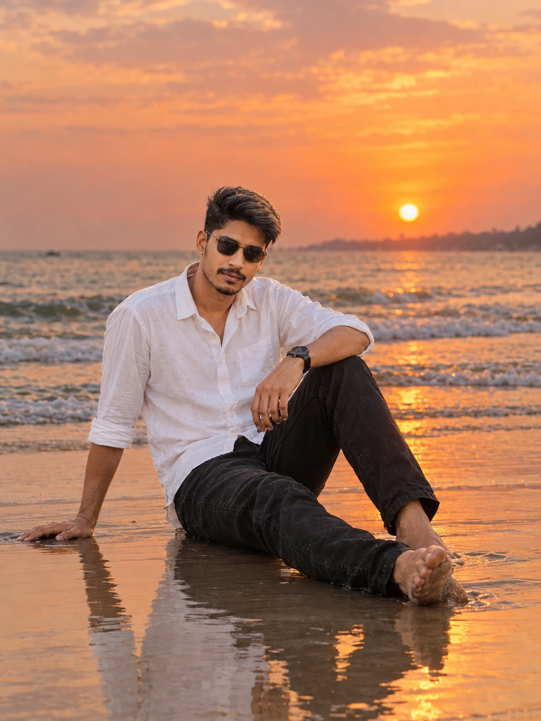 Gemini Sunset Beach Sitting Pose Prompt | Cinematic AI Photo