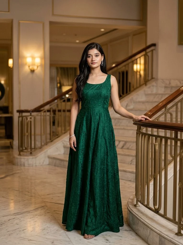 Emerald Green Gown Gemini AI Image Prompt for a Luxury Hotel Portrait