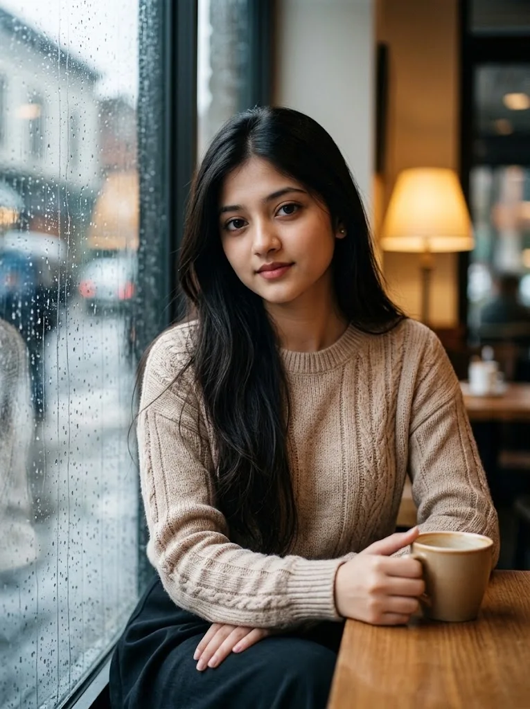 Cozy Rainy Café Portrait AI Image Prompt with Exact Face Reference