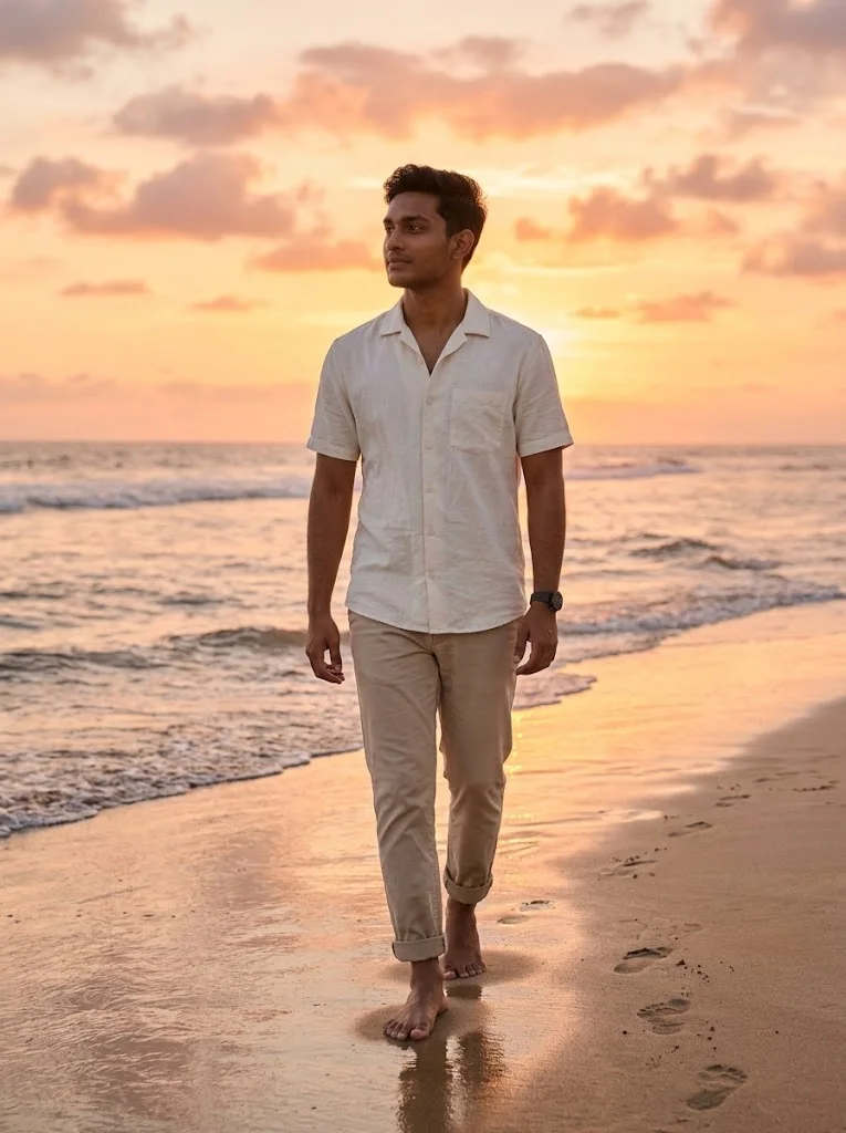 VOIZET Cinematic Sunset Beach Portrait AI Prompt